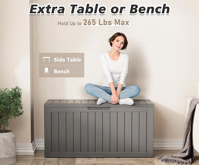 NUNU LAB 75 Gallon Outdoor Storage Box,Deck Box Resin Large Sturdy, Backyard Outside Storage Box Waterproof with Double Wall Panels,Package Delivery Garden Outdoor Hose Storage Bin,Tool