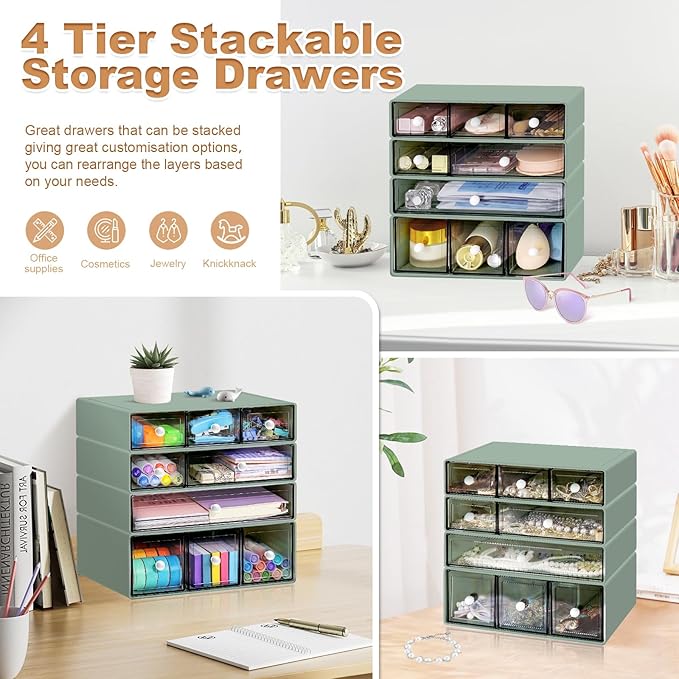Desk Organizer with 9 Drawers, 4 Tier Plastic Stackable Storage Drawers for Desk Storage, Office Stationary Makeup Organizer Suit for Home, Office and School