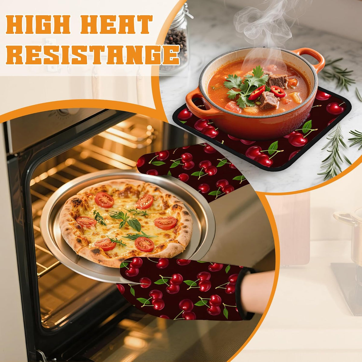 Cherry Oven Mitts and Pot Holders Set,Red Kitchen Decor Heat Resistant Non Slip Hot Pads and Oven Mitt for Chef Cooking Baking BBQ Mom Girl Gifts(4 Piece Set)