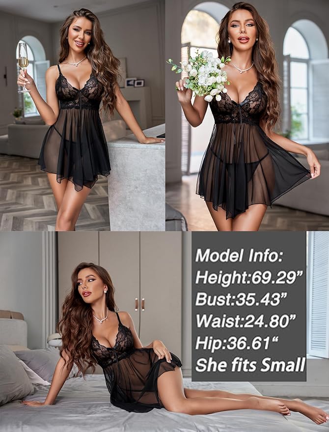 Avidlove Women Lingerie Lace Babydoll Mesh Nightgown Chemise Boudoir Nighty Sleepwear