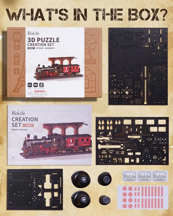 Rolife 3D Wooden Puzzle for Adults, DIY Wood Model Train Sets, Mechanical Vehicle Model Building Kits-Brain Teaser Puzzle Toys with 365 Pcs-Creative Birthday for Kids