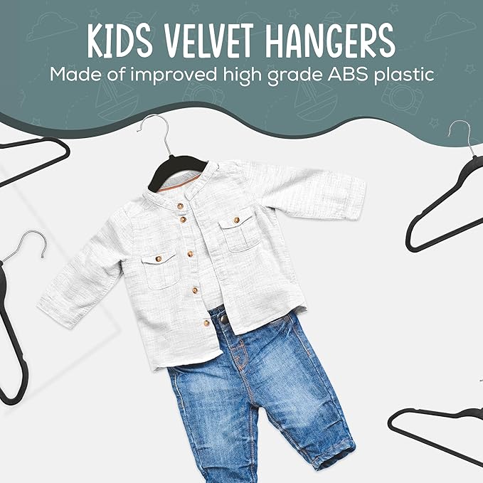 50 Premium Kids Velvet Hangers - 14" Non-Slip Clothes Hangers for Kids & Preteens - Ultra Slim, Space-Saving, Strong & Durable Hangers with 360° Swivel Hook - Black