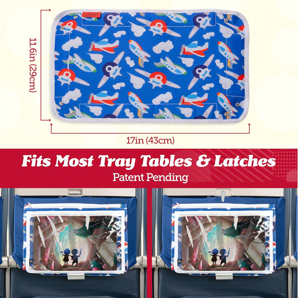 Lusso Gear Airplane Tray Table Cover with Pockets for Toddlers & Kids - Airplanes Pattern - Foldable & Rollable Lap Desk with Carabiner Clip - Toddler Travel Essentials & Plane Activities