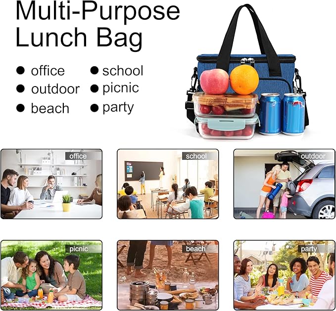 Femuar Lunch Bags for Women/Men, Insulated Lunch Bag for Work Office Picnic - Lunch Cooler Bag Leakproof Lunch Box with Adjustable Shoulder Strap - Blue