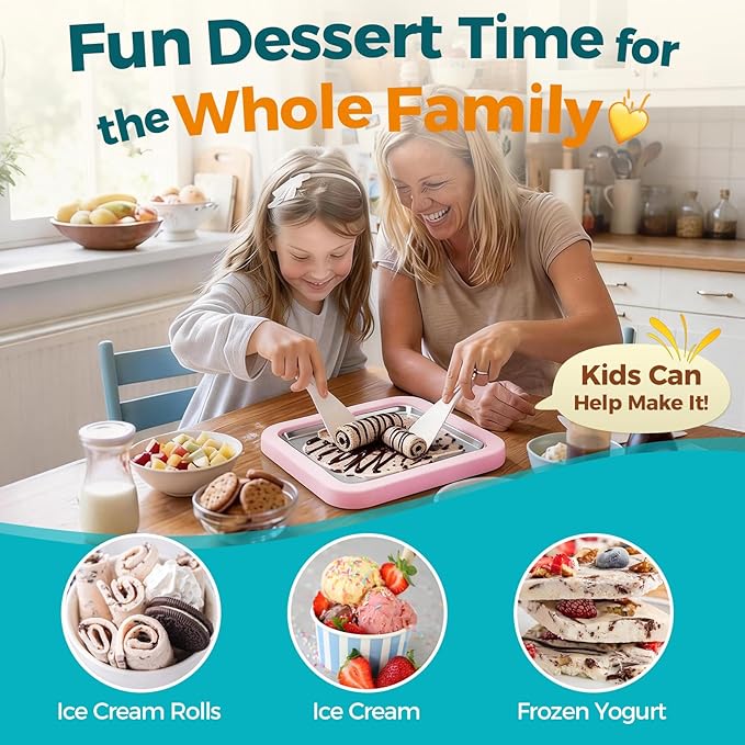Rolled Ice Cream Maker with Quick Start Guide - DIY Instant Ice Cream Tray Kit, Includes 2 Scrapers for Manual Homemade Ice Cream Rolls, Frozen Yogurt, Sorbets & Slushies, No Electricity Needed(pink)