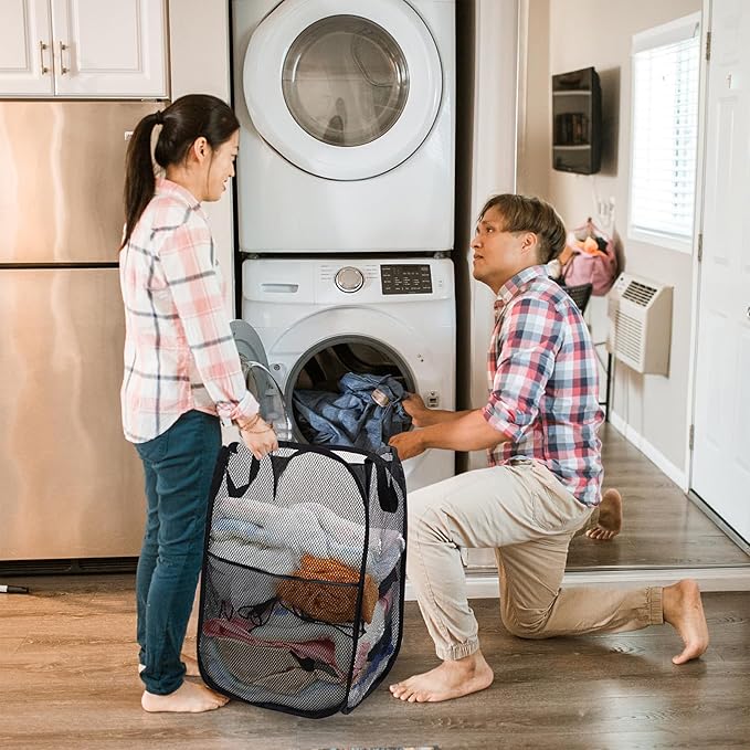 Collapsible Pop Up Laundry Hamper, Extra Large Mesh Foldable Laundry Basket Bag, 28" x 16" x 16", 2 Pack (Black)