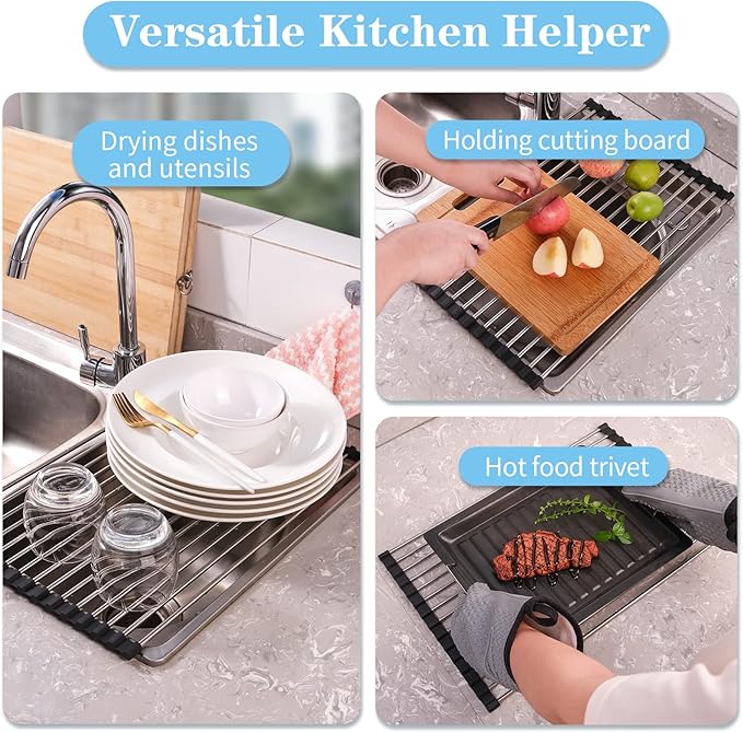 Seropy Roll Up Dish Drying Rack Over The Sink for Kitchen Sink Drying Rack Folding Dish Drainer Mat Rolling Dish Rack Sink Rack Stainless Steel Kitchen Dry Rack Black 17.5x15.7 Inch