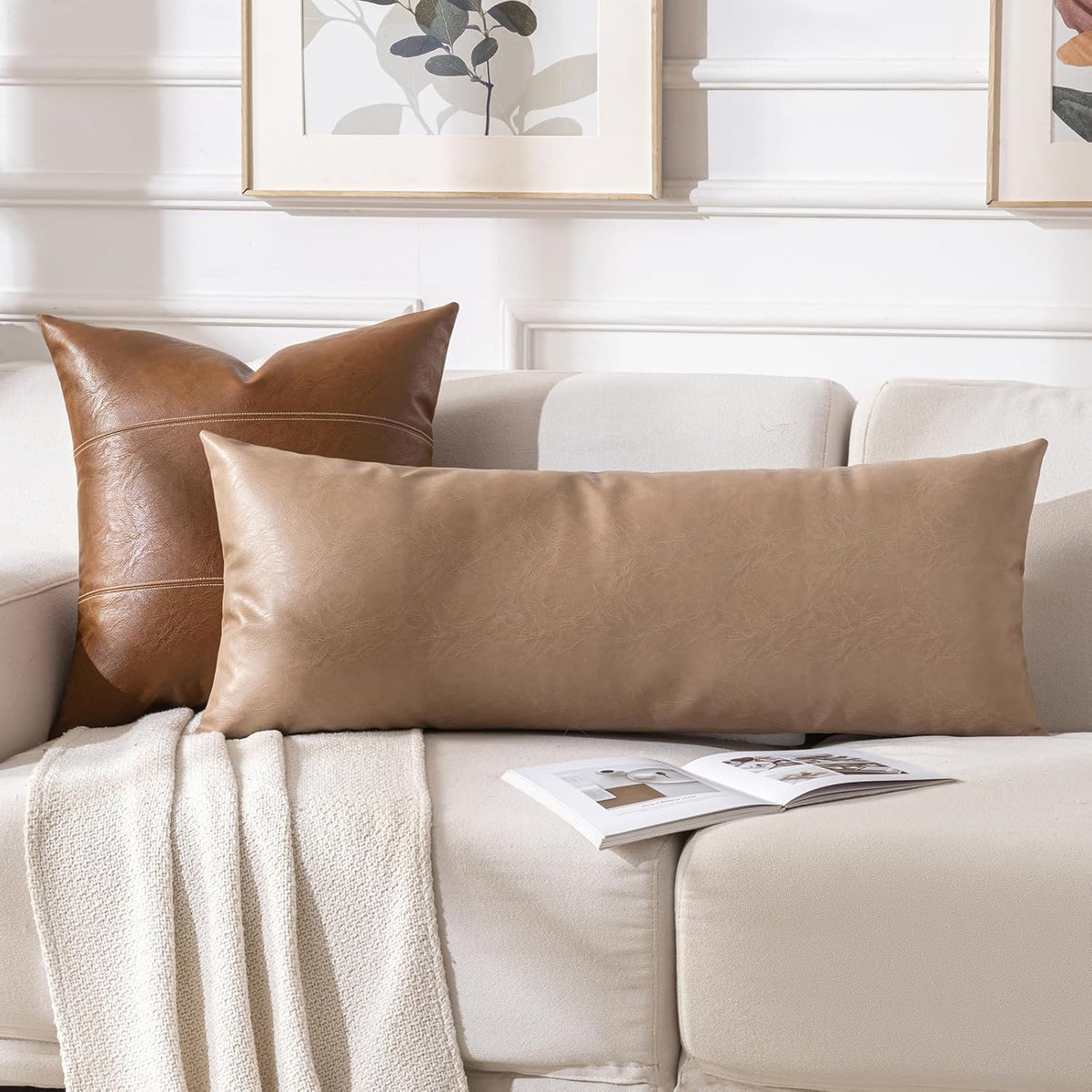 Fancy Homi Tan Long Lumbar Faux Leather Body Decorative Throw Pillow Cover 14x36 Inch for Bedroom Couch Bed Bench, Thick Beige Solid Rectangular Waterproof Cushion Case, Boho Farmhouse Room Decor
