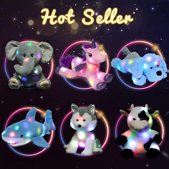 Hopearl LED Plush Bunny Colorful Lighting Up Stuffed Animal Rabbit Floppy Night Lights Glow in The Dark Birthday Festival for Kids Toddler Girls, Rainbow, 10''