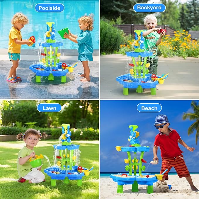 MoKo Water Table for Toddler 3+, 3-Tier Water Table for Kids Ages 4-8 for Outdoors Play, Kids Water and Sand Activity Sensory Playset, Sensory Table for Summer Beach Backyard, Blue-Green Dolphins