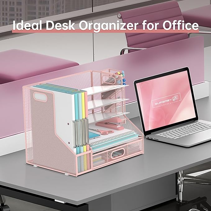 SUPEASY Desk Organizer with File Holder, 5-Tier Mesh Paper Organizer Letter Tray with Pen Holder and Drawer, Desk Organizers and Accessories with 3 Tilted File Sorter for Office Supplies, Pink