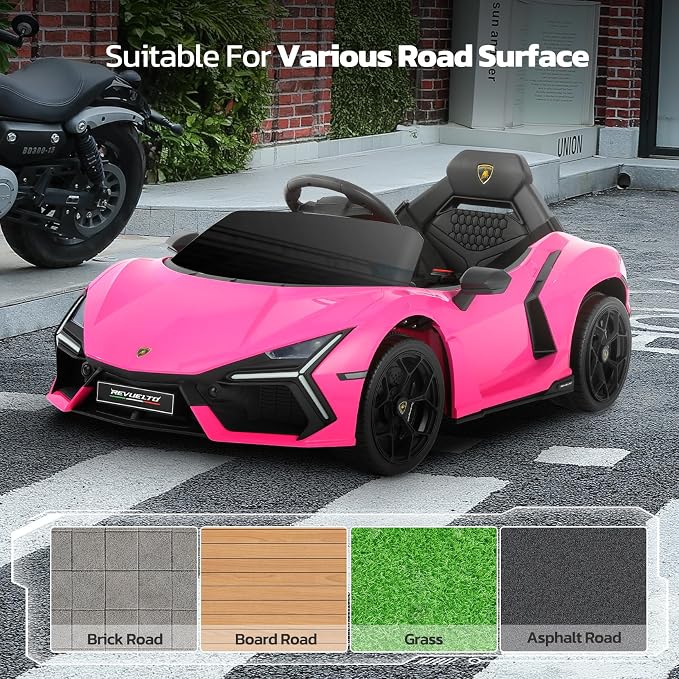ELEMARA Licensed Lamborghini Car for Kids to Drive with Scissor Door,Toddler Ride on Toys with Remote Control,12V Battery Car for Kid with Bluetooth,MP3 Player,LED Light and Wide Seat, Hot Pink