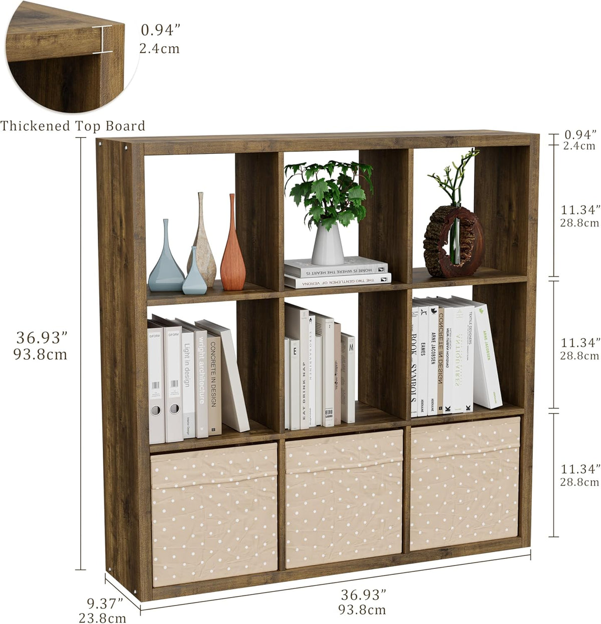 Cube Storage Organizer Bookcase, Decorative 11 inch Open Back Cubical Shelf with Thickened Border, Display Bookshelf for Living Room, Home Office, Sturdy Room (Brown, 9 Cube)