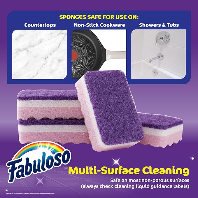 Fabuloso Sponges, Purple - Scratch-Free Scrubber for Dishes and Surfaces - Dishwashing Sponge for Bold and Bright Cleaning Experience, 4 Count