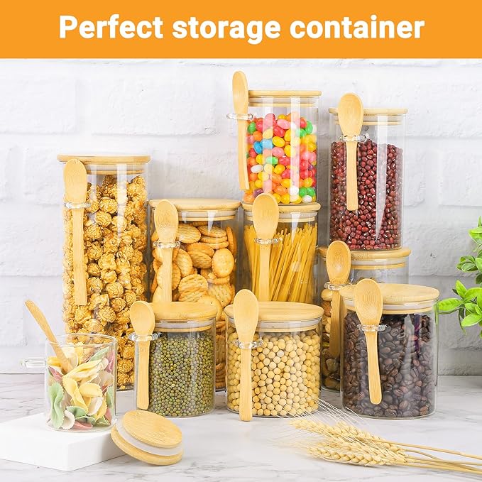 Glass Jar with Bamboo Lids and Spoons - 2 Pack 6 Fl.oz Airtight Round Glass Pantry Containers Set, Includes Labels and Marker, Food Storage Canisters for kitchen for Spice, Coffee, Sugar, Tea