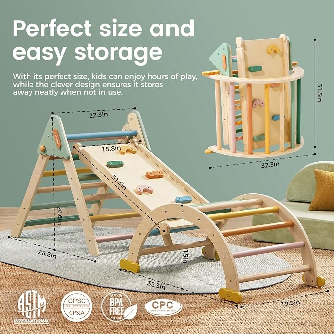 Tiny Land Pikler Triangle Set,7-in-1 Foldable Montessori Toddler Climbing Toys Indoor, Wooden Playground Jungle Gym for Kids, Climber Gift for Boys & Girls Toddler Climbing Toys (Morandi)