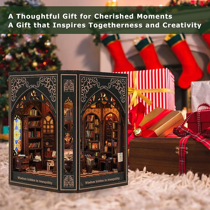 Book Nook Kit with Nightlight – Type-C and Battery Powered DIY Bookshelf Decor, Perfect for Home and Office Gift(Classical Library)