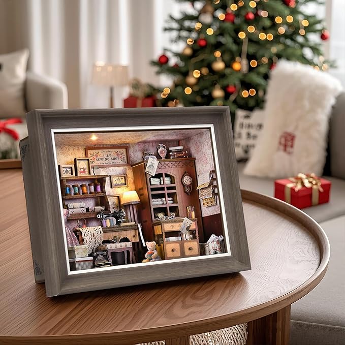 Book Nook Kit - 3D Wooden Puzzle with LED Switch Control & Wall-Mountable Frame,DIY Miniature House for Beginners,Bookshelf/Tabletop/Wall Decor for Craft Lovers,Dollhouse Gift (Lily Sewing Shop)