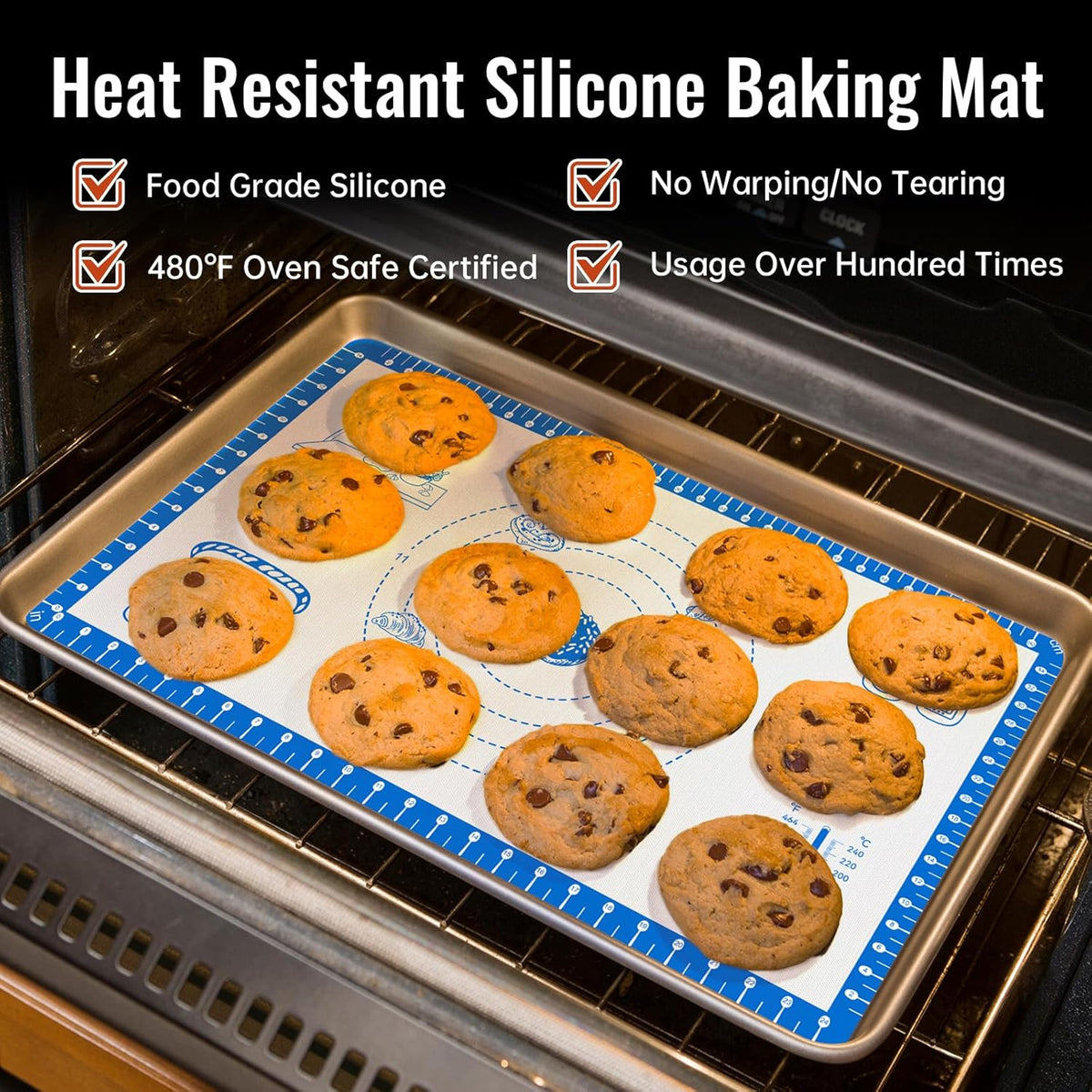 Silicone Baking Mat With 10 Recipes,Silicone Macaron Baking Sheet for Cookie, Pizza, Surdough, Pastry,Dough Rolling out, Non Stik and 480ยฐF Oven Safe