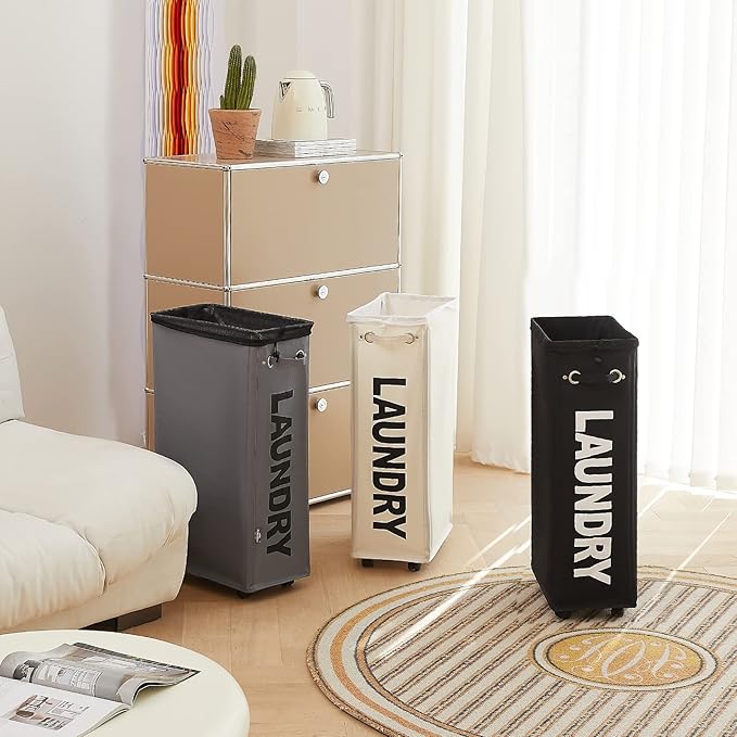 DOKEHOM 29-Inches Enlarged Slim Laundry Basket with Removable Wash Bag on Wheels, Collapsible Rolling Laundry Hamper, Foldable Narrow Corner Clothes Storage Bins (Dark Grey)