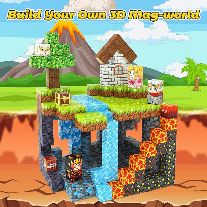 100PCS Magnetic Blocks -Build Mine Magnet World Forest & Lava Set, Magnet Building Toys for Kids Ages 5-7, STEM Sensory Toddler Toys for 3+ Year Old Boys & Girls, Creativity Birthday Gifts for Child