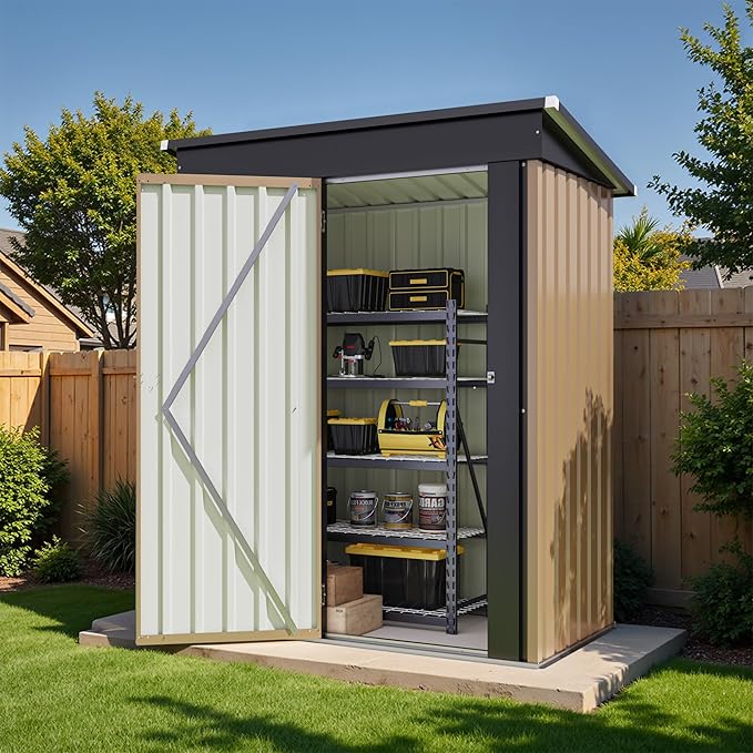 Flamaker 5x3 FT Storage Shed Waterproof Metal Garden Shed with Lockable Door Utility Tool Shed Outdoor Storage for Backyard, Patio and Lawn, Brown