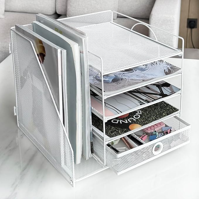 5-Tier Paper Letter Organizer with File Holder, Desk Organizer with Drawer, Mesh Desktop Storage with Magazine Holder for Office Supplies (White)