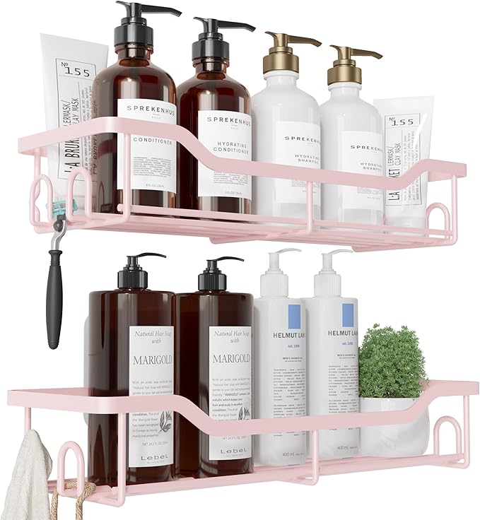 Kitsure Shower Caddy Large - Adhesive Shower Organizer, Stainless Steel Shelf for Inside Shower, No Drill Bathroom Organizers and Storage, Home Decor Accessories, 2 Pack, Pink
