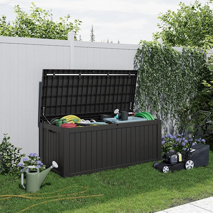 ROJIK Outdoor Storage Housing Deck Box - Waterproof Patio Furniture, Garden Tools, Cushions, Pool Accessories Storage Bench with Lockable Lid and Side Handles (Black 158 Gal)