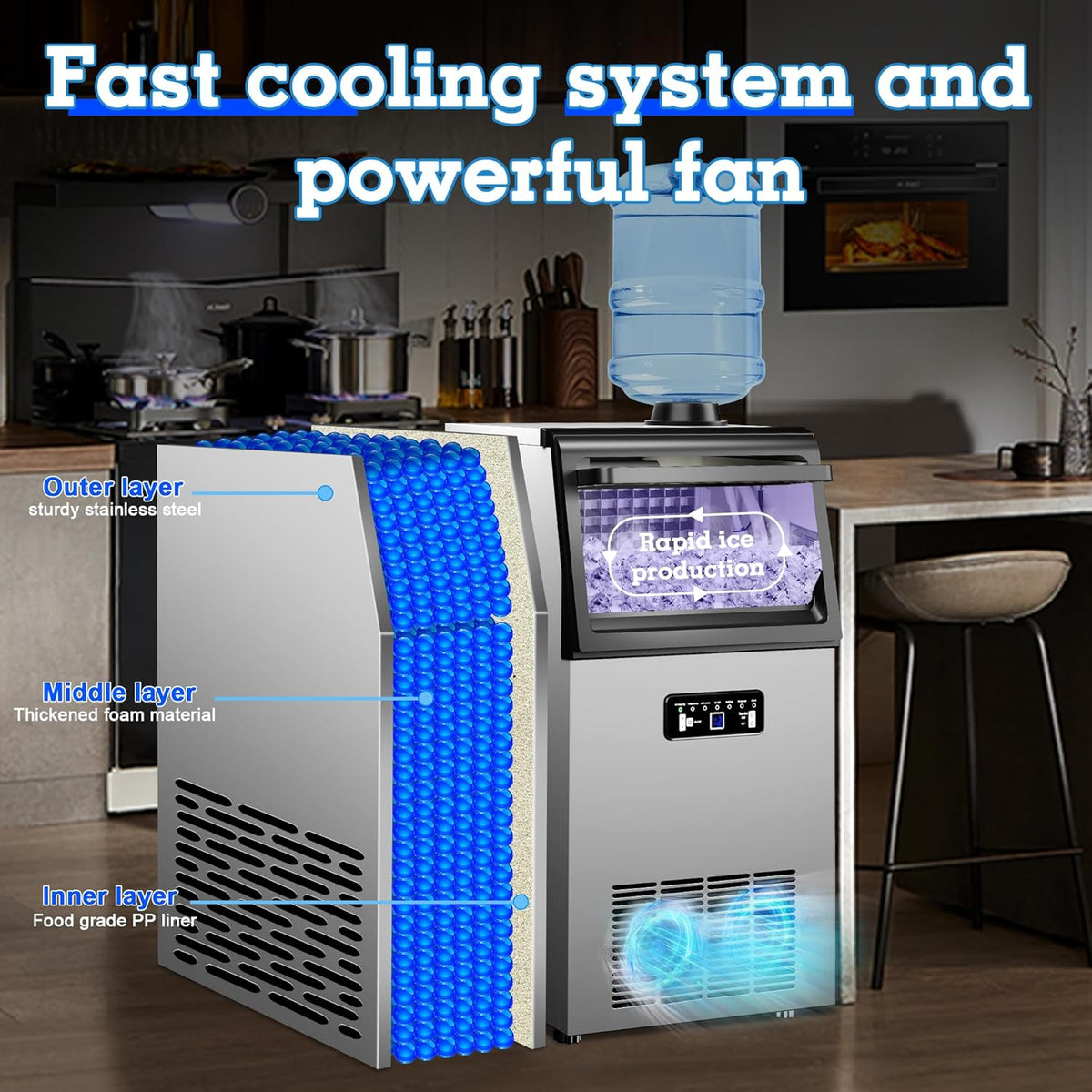 Commercial Ice Maker Machine 110lbs/24H with 22lbs Storage, Stainless Steel Freestanding Ice Machine 2 Water Inlet Modes 40Ice/Cycle, Self-Cleaning Function for Homes Restaurants Bars