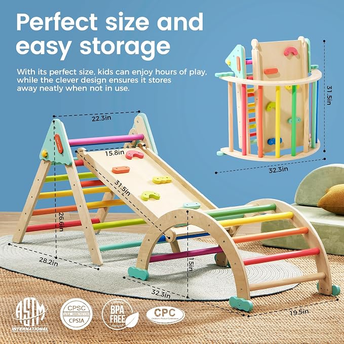 Tiny Land Pikler Triangle Set,7-in-1 Foldable Montessori Toddler Climbing Toys Indoor, Wooden Playground Jungle Gym for Kids, Climber Gift for Boys & Girls Toddler Climbing Toys (Rainbow)