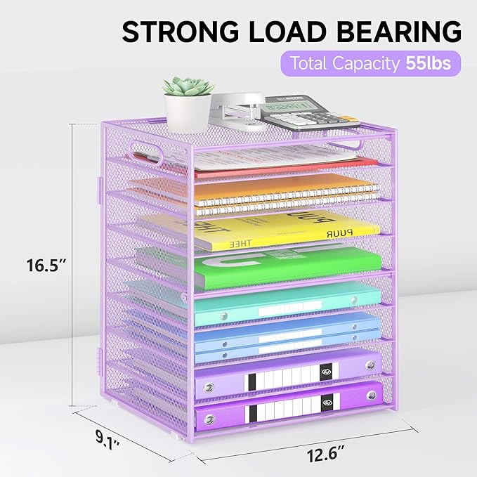 9 Tier Paper Organizer with Handle, Purple Large Capacity Desk Organizer Mesh File Folder Letter Paper Tray Desktop Document Sorter for Classroom, School, and Office Accessories Organization