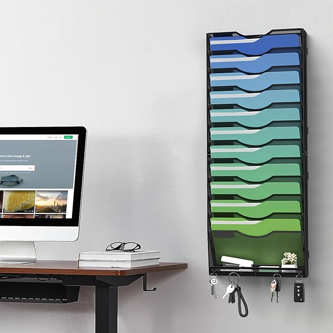 Kuntine.B Wall File Organizer Office Hanging Magazine Holder Wall File Organizer for Office Home (Black, 13 Tier & Key Holders)