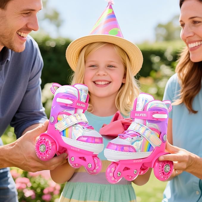 SULIFEEL Rainbow Unicorn 4 Size Adjustable Roller Skates for Girls Boys for Kids Ages 3-5 5-8 6-12 Children Skates Indoor Outdoor