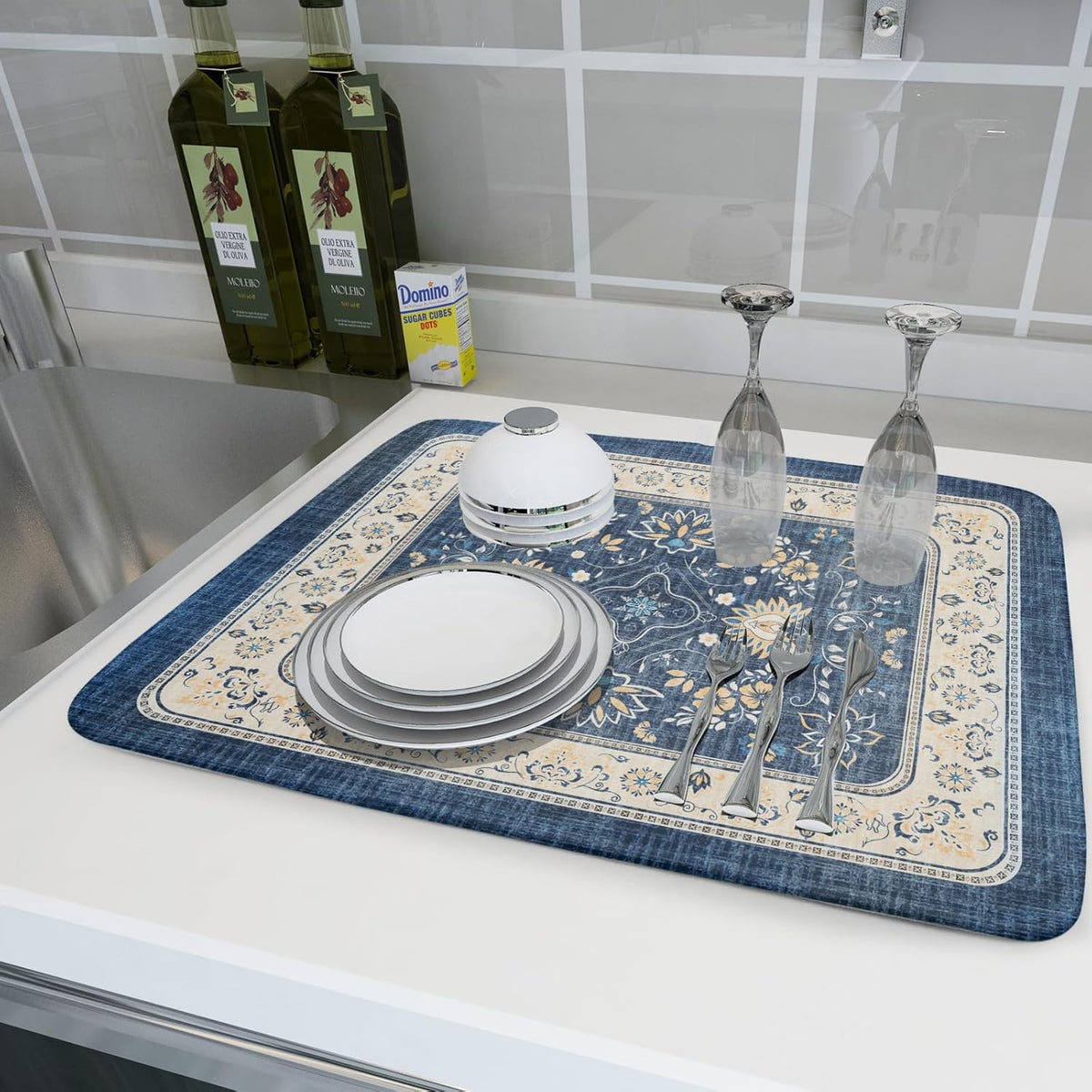 Blue Boho Dish Drying Mat for Kitchen Counter 18x24 Inch Fast Dry Drying Pad Vintage Floral Dish Drainer Rack Mats Coffee Bar Accessories