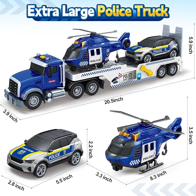 SpringFlower 21" Semi Truck Toy, 3 4 5 6 Year Old Boys Toddlers Police Truck Toy with Racing Car and Helicopter, 3 in 1 Police Car Toy, Birthday Gifts for Kids Child 3 4 5 6 Years Old