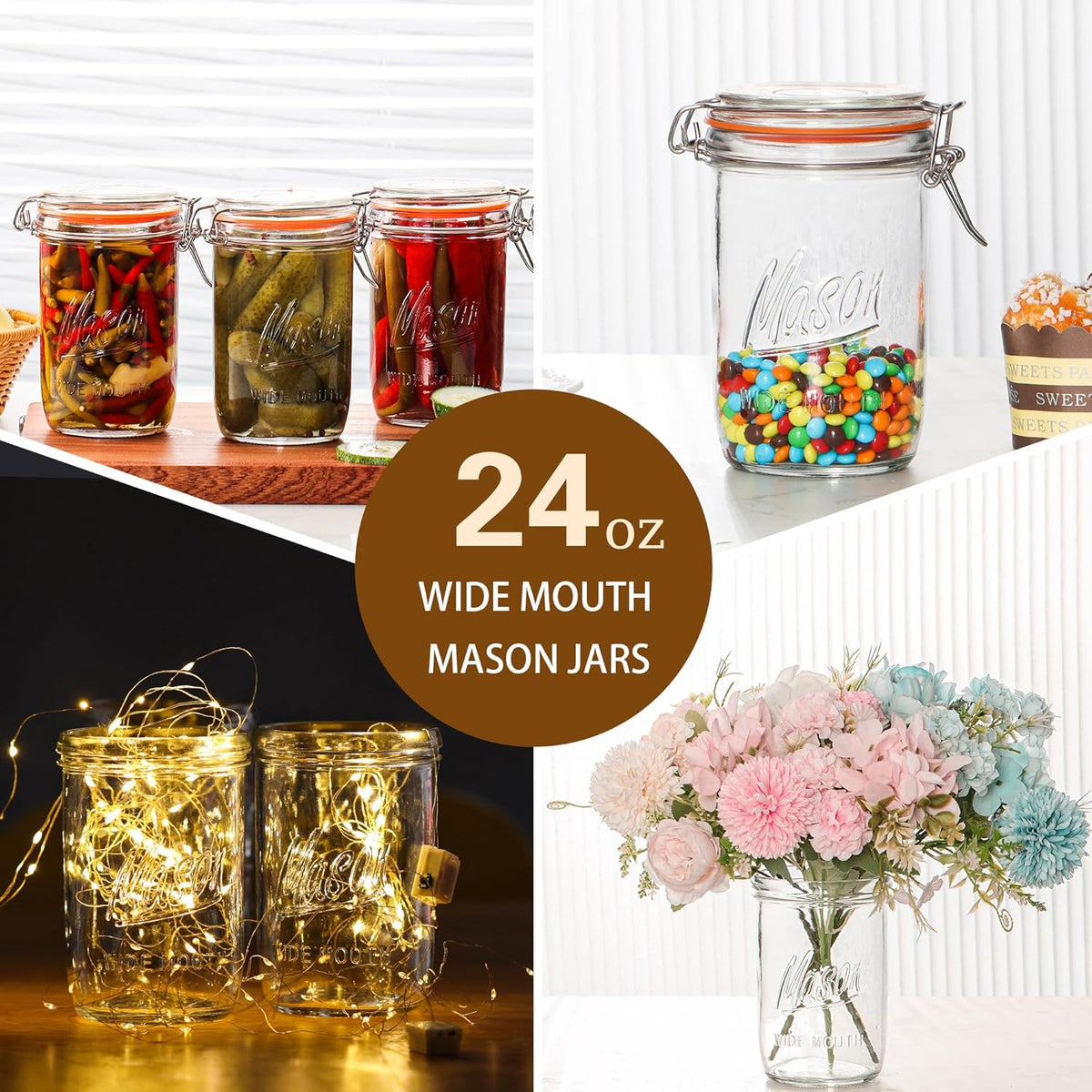 24oz Wide Mouth Mason Jars – 4 Pack Glass Jars with Airtight Lids for Canning, Pickling, Meal Prep, Jam, Jelly, Overnight Oats & DIY Projects