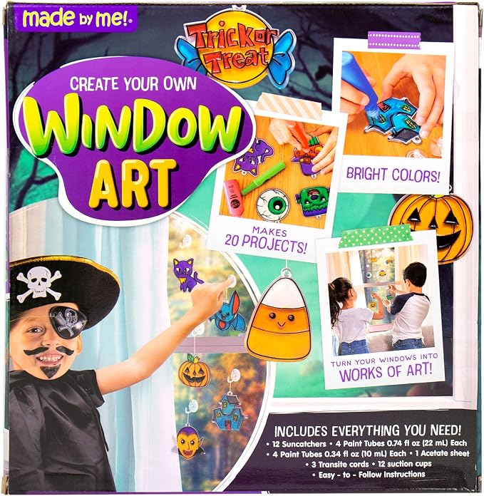 Made By Me Create Your Own Halloween Window Art by Horizon Group USA, Make 20 Projects, Includes Suncatcher Frames & Window Clings, Glow-in-The-Dark Paint, Paint Tubes, Suction Cups & Cording,Multi