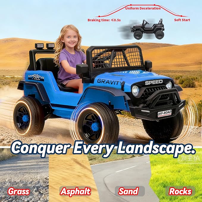 24V Ride on Toys w/Remote Control, 4WD Kids Ride on Truck Car, 3 Speed, Bluetooth Music, Wide Seat, Spring Suspension, LED Light, Birthday for Boys Girls Toddler (BrightBlue)