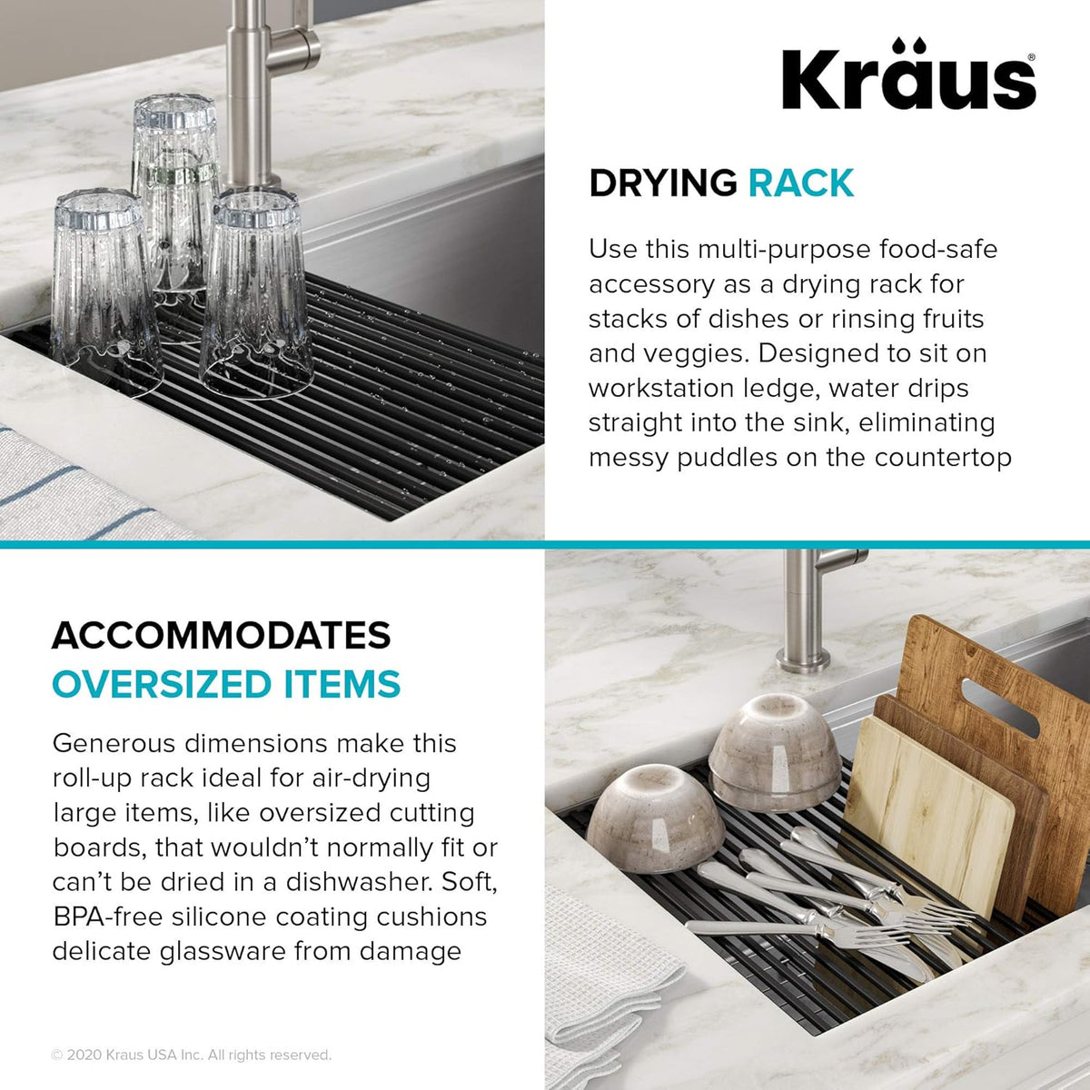 Kraus Multipurpose Workstation Sink Roll-Up Dish Drying Rack, Colander and Trivet in Black, KRM-11BL (Pack of 2)
