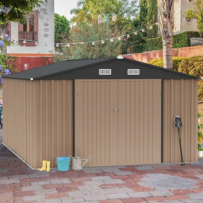 GUNJI 10 x 10 FT Shed Outdoor Storage Shed Metal Garden Shed with Lockable Door Outside Waterproof Tool Shed for Backyard, Patio, Lawn (Brown)