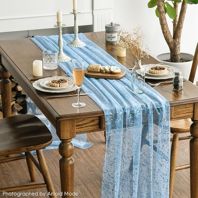 Artoid Mode Light Blue Gold Gauze Table Runner 120 Inch 10FT, Glitter Metallic Foil Sheer Dining Wedding Anniversary Holiday Table Decor for Home Party