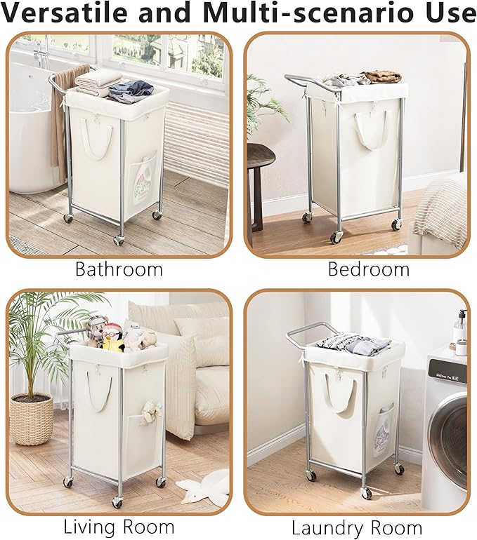 110L Large Laundry Hampers, Oxford Fabric Laundry Hampers Clothes Hampers, Metal Frame and Removable Bag Design with Wheels, Suitable for Bedroom, Bathroom, Dorm Room, Laundry Room (Silver Beige)