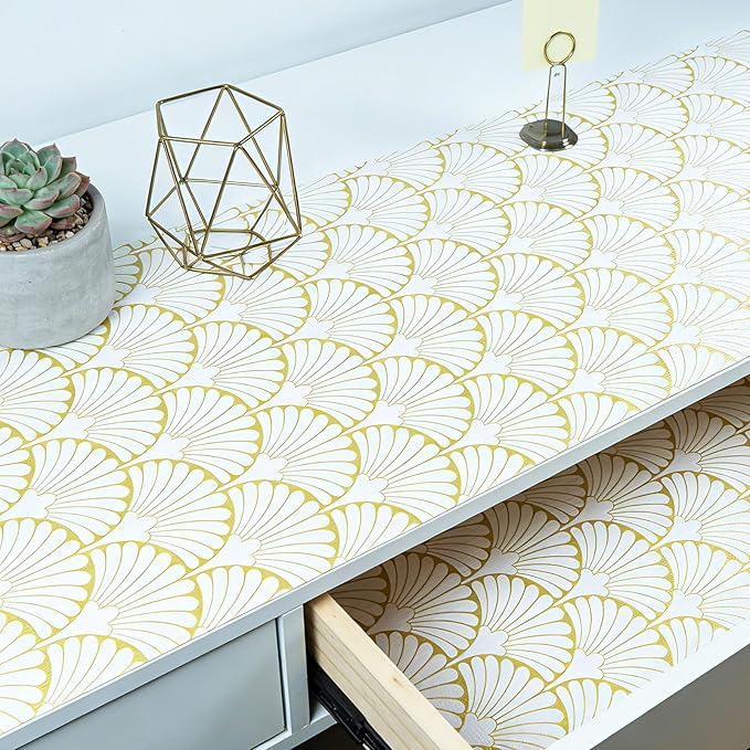 Shelf Liners Non Adhesive Gold Background White Fan-Shaped Pattern - Thickened Non-Slip Easy to Clean Drawer Liner for Kitchen Cabinets, Tool Box,Refrigerator,with Knife & Tape Measure,17in x 30FT.