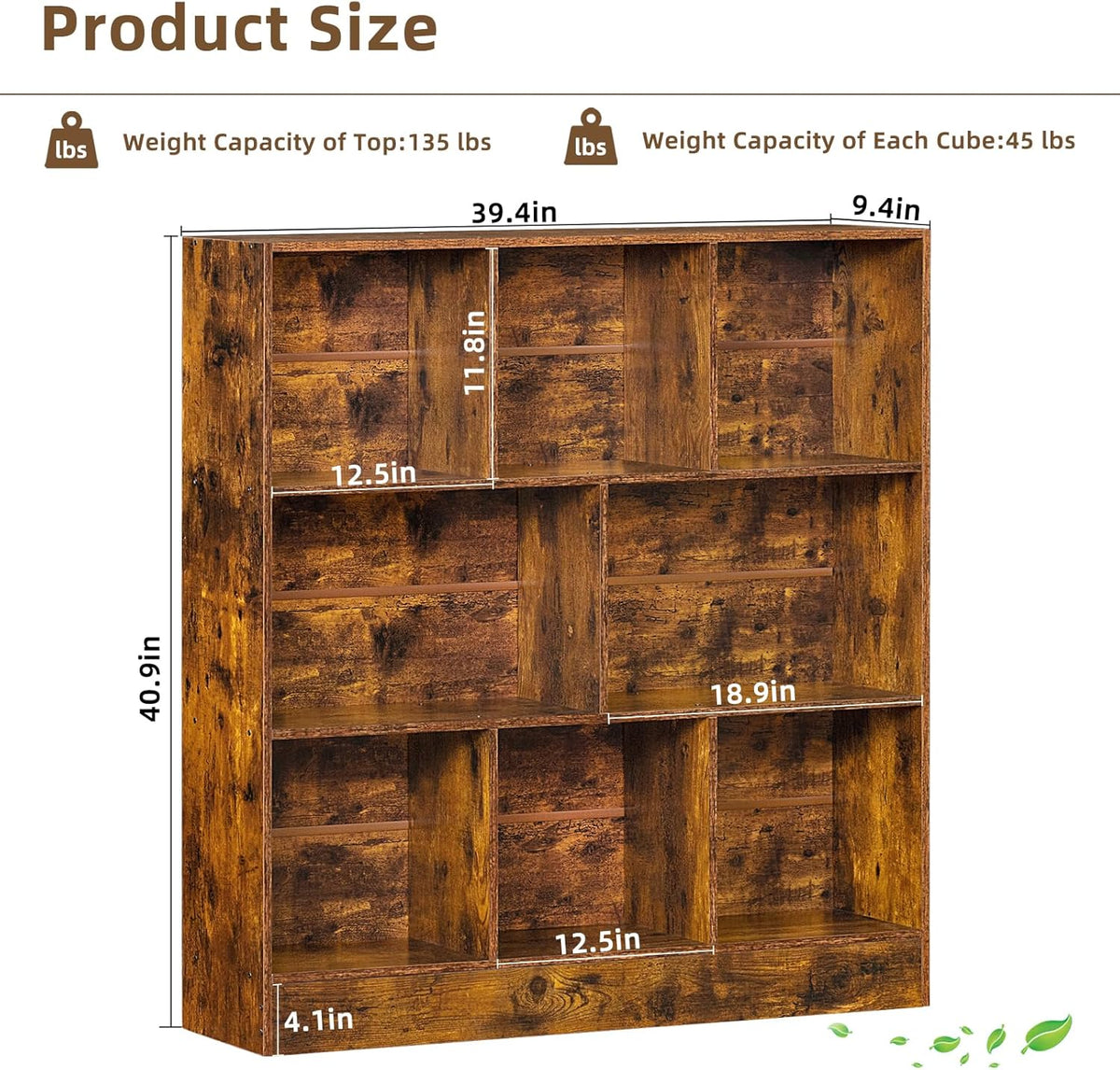 LEYAOYAO 8 Cube Bookshelf with Base,3 Tier Mid-Century Modern Brown Bookcase,Standing Wide Bookshelves Storage Organizer Shelf,Rustic Wood Display Cabinet Book Shelves for Bedroom,Living Room,Office