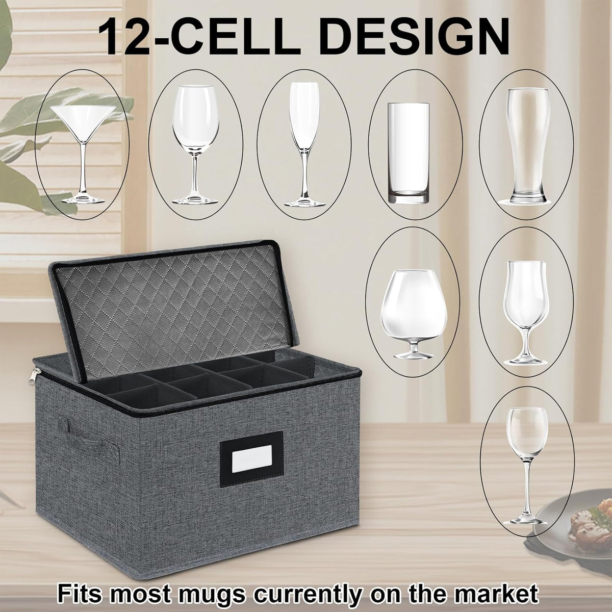 VERONLY 2 Pack Stemware and Glassware Storage Cases - Hard Shell Protection with Dividers for 24 Glasses, Stackable Moving Storage Container with Label & Handles - Crystal Glass - Dark Gray