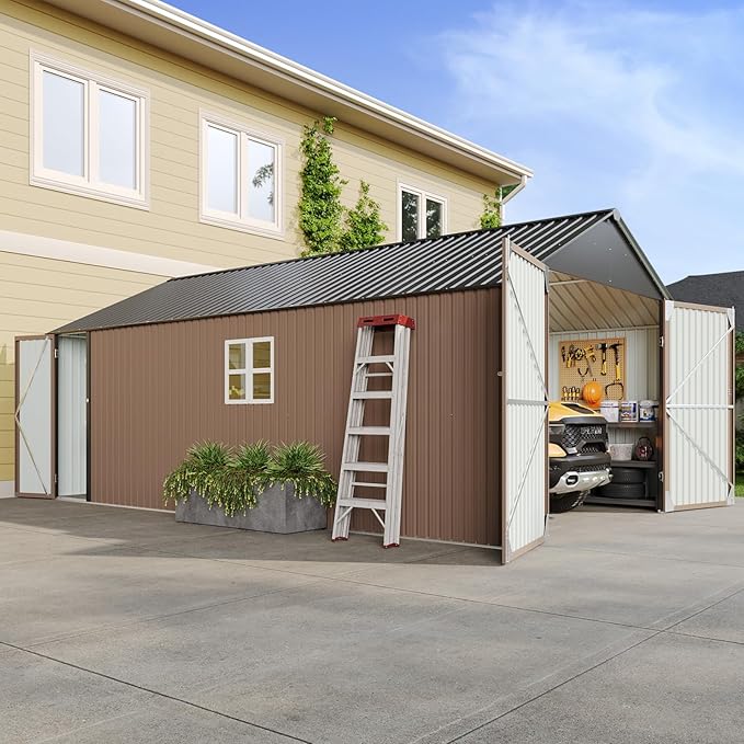 Aoxun 12x20x9.3 FT Shed Outdoor Metal Garage Shed 1700 CUFT Extra Large Storage Shed for Vehicles & Sundries 11" Snow Load Double-Door All-Weather Garden Shed (Brown)