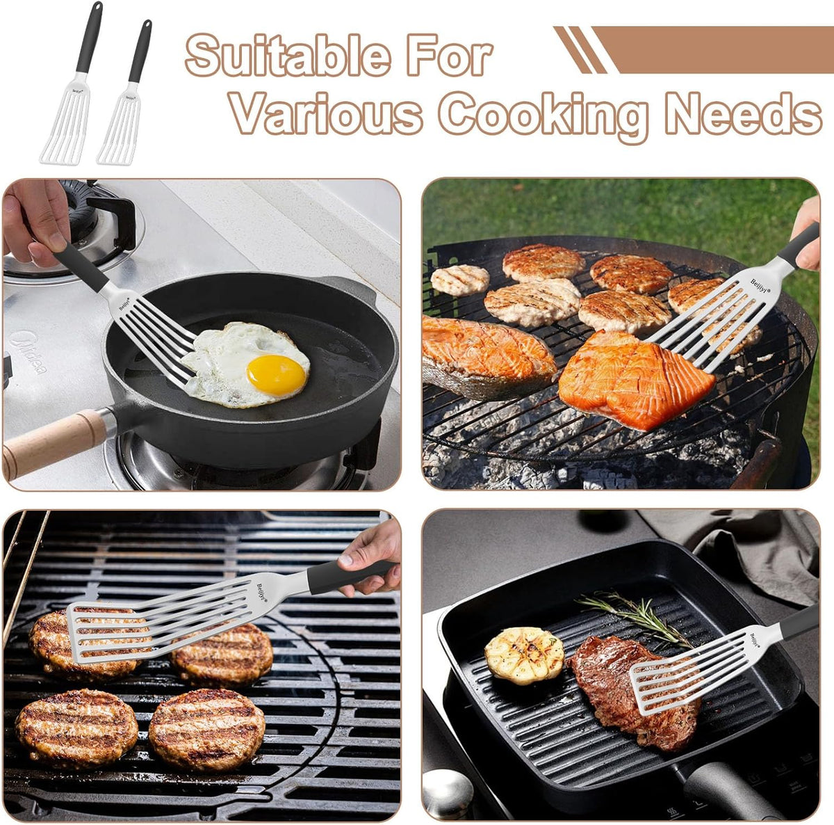 Beijiyi Stainless Steel Fish Spatula Set of 2, 13.5" & 11.7" Slotted Turner with Silicone Handle, Curved Blade, Metal Spatulas for Kitchen Use, Cooking Utensils for Flipping Fish, Burger and Grilling
