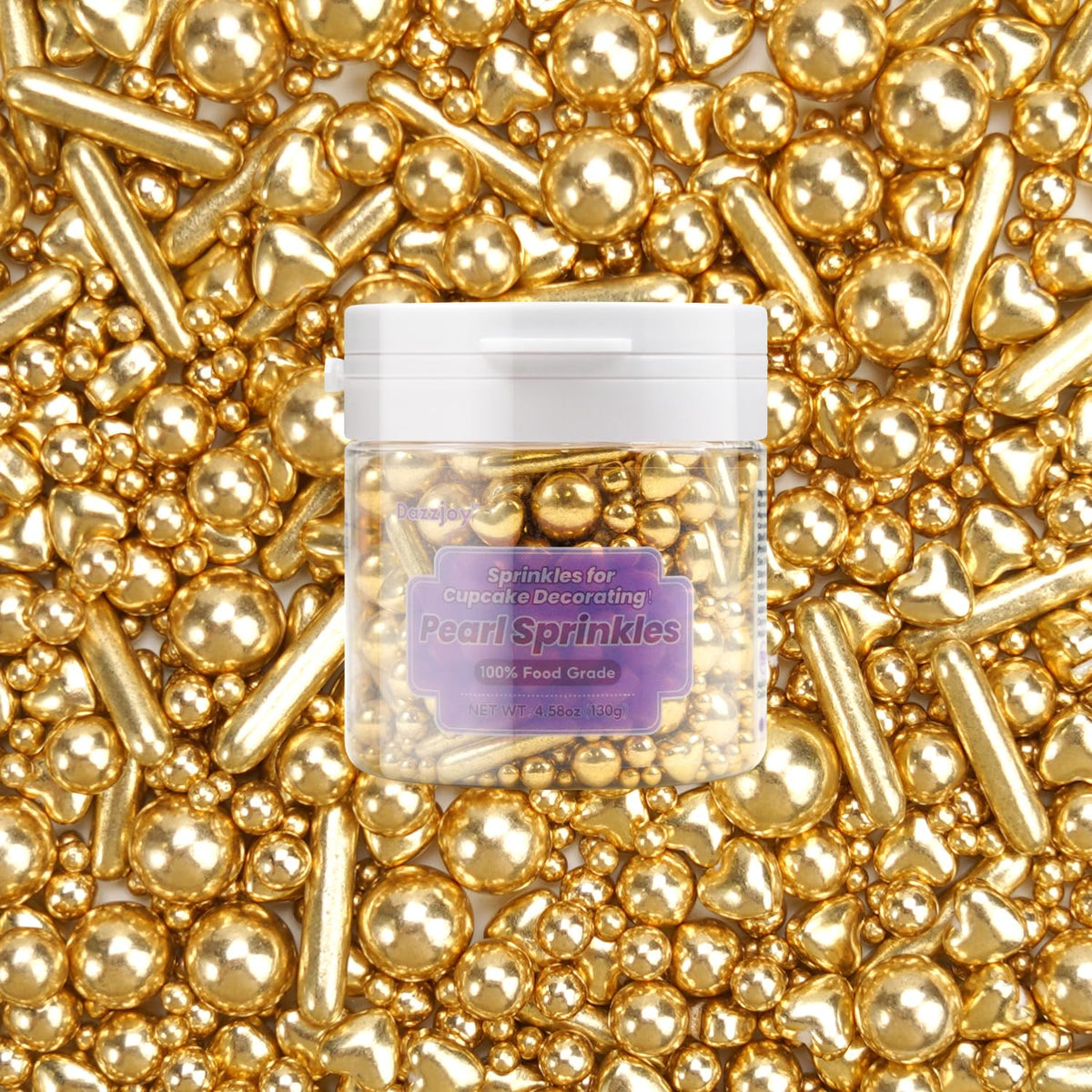 Dazzjoy Edible Gold Pearl Heart Rods Sprinkles, 130g/4.58oz, Mix Size, Gold Pearl Sprinkles for cupcake decorating, Cupcake Toppers Cake Decorations, Wedding Party Halloween Christmas Supplies