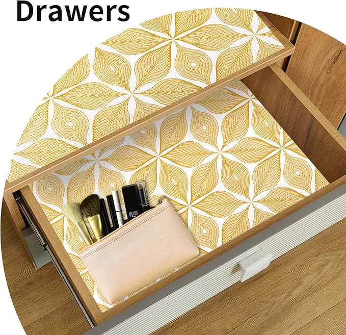 Shelf Liners for Kitchen Cabinets 17in x 20FT, Non Adhesive Cabinet Liner Strong Non-Slip Golden Leaf Drawer Liner, Easy to Clean for Shelf, Cabinet with Knife and Tape Measure